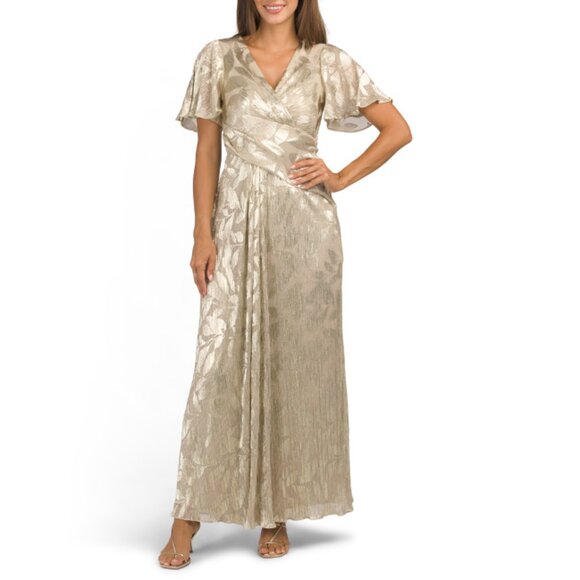 ADRIANNA PAPELL Champagne/gold Short Sleeve Foil Gown